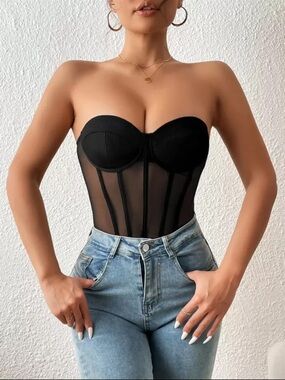 Black Strapless Mesh Corset Bodysuit with Boning
